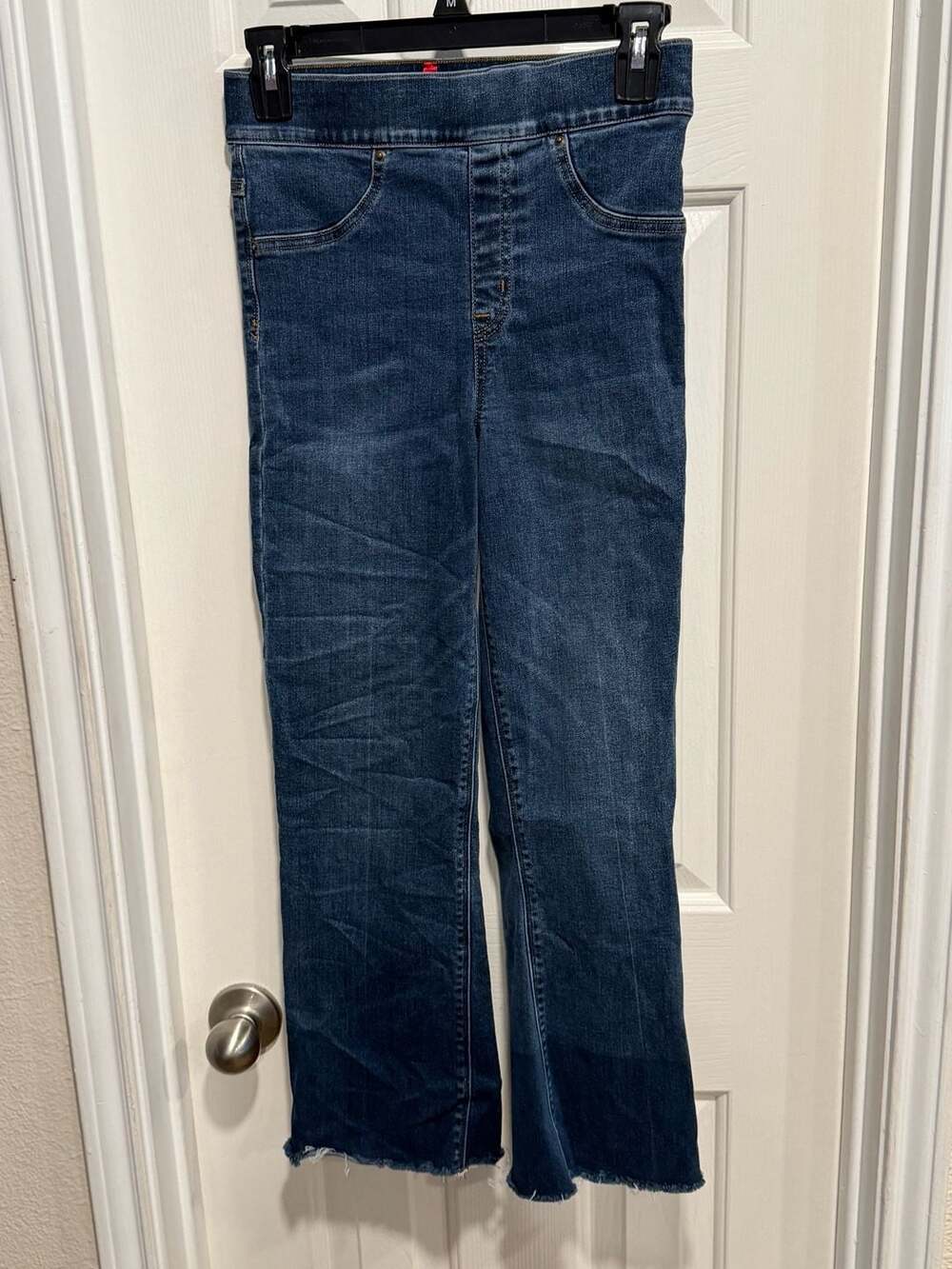 SPANX Women’s S/P Pull On Flare Jeans Blue Denim Raw Hem Stretch High Rise